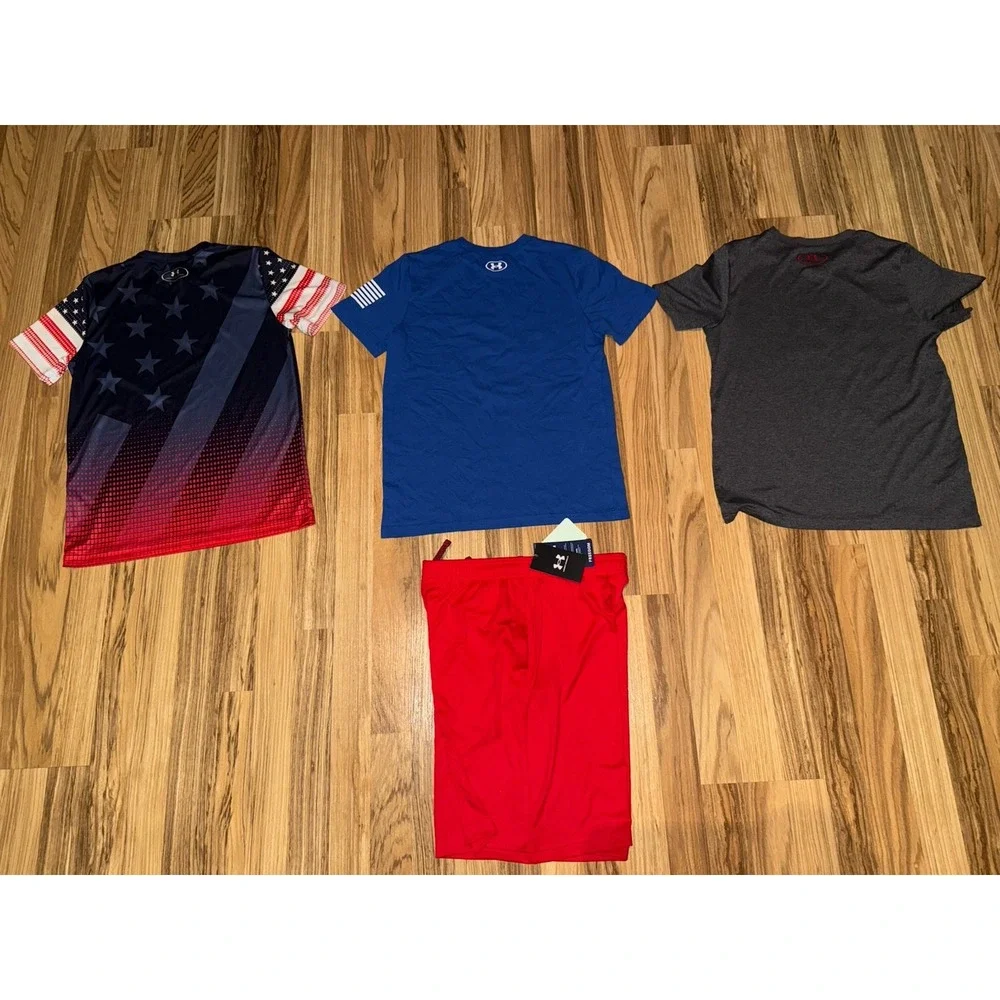 Under Armour Boys Youth Large YL‎ Heat gear American Flag Iron Man Shorts Shirts